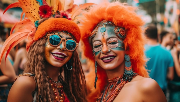 Mulheres sorridentes em festival tradicional espalhando felicidade gerada por IA