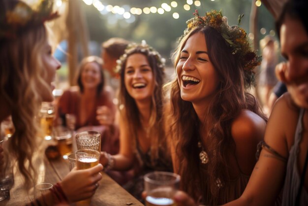 Mulheres sorridentes felizes passando tempo almoçando com vinho ao ar livre ao pôr do sol Férias de primavera verão