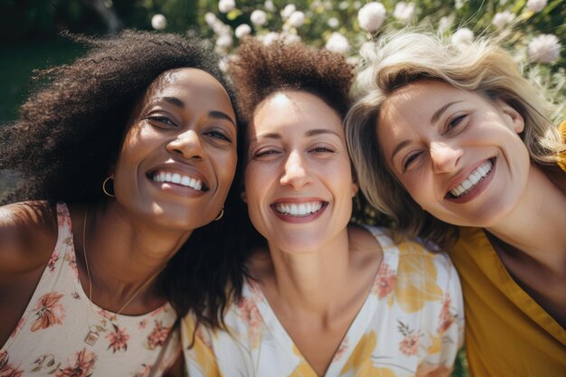 Foto mulheres sorridentes respirando fundo e abrindo os braços em um parque