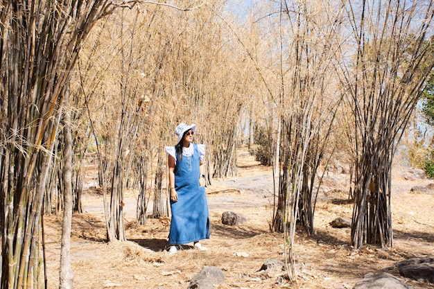 Foto mulheres tailandesas viajantes visitam posando retrato para tirar foto no parque do jardim quando as folhas de bambu mudam de cor no outono na temporada de outono na montanha khao phraya doen thong em lop buri, na tailândia