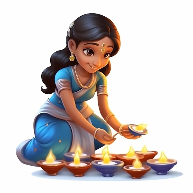 Mulheres tradicionais indianas em saree iluminando lâmpadas de óleo em fundo branco ilustração vetorial diwali