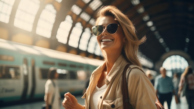 Mulheres turistas felizes na estação de comboios Conceito de viagem