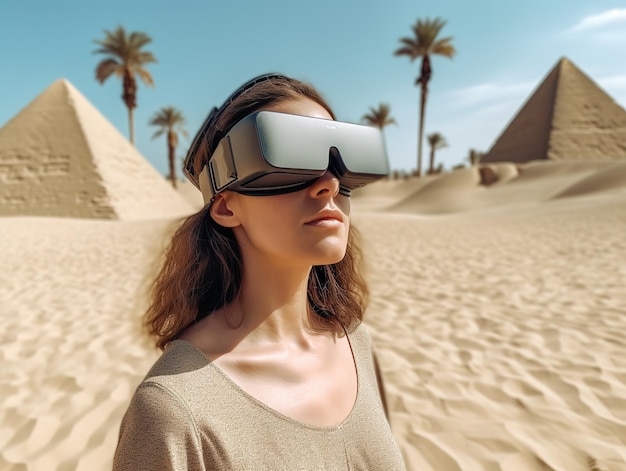 mulheres turísticas no mundo virtual Egito pirâmides deserto futuro ambiente de turismo gerado por ai