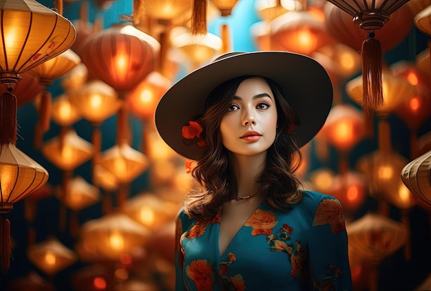 Foto mulheres usando chapéus tradicionais na frente de lanternas coloridas no estilo vietnamita