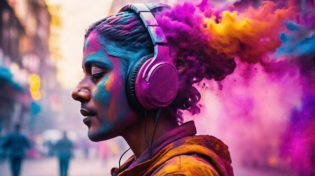 Foto mulheres usando fones de ouvido com explosão de cores feliz holi