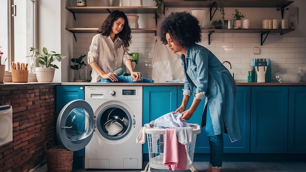 Mulheres usando máquina de lavar fazendo a roupa meninas prontas para lavar roupas