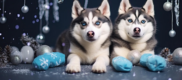 Foto mulheres usando meias decoradas com cães husky de olhos azuis, além de enfeites festivos de ano novo e natal, bem como balas e presentes