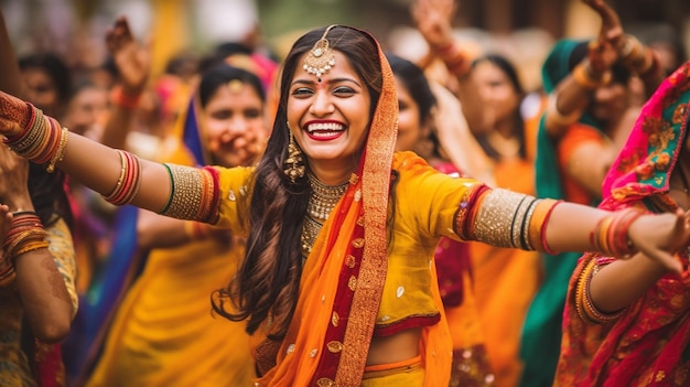 Mulheres vestidas com trajes tradicionais coloridos dançando e cantando durante o animado festival Teej T