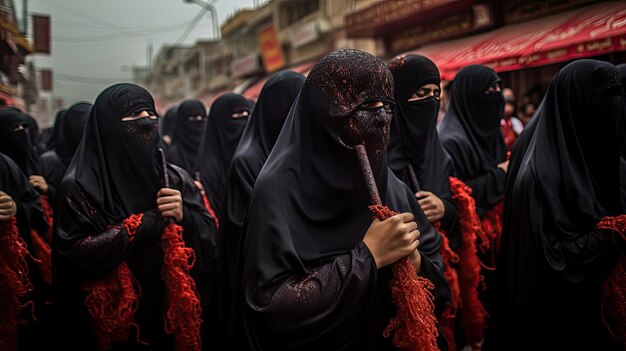 mulheres vestindo hijab preto seguram um pedaço de pau na rua.