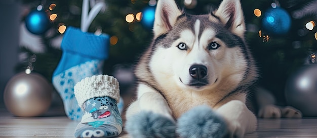 Mulheres vestindo meias decoradas com cães Husky com olhos azuis, juntamente com ornamentos festivos de Ano Novo e Natal, bem como balas e presentes