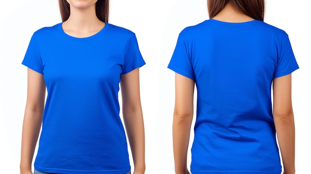 Mulheres vestindo uma camiseta azul Modelo de vista dianteira e traseira isolado em fundo branco