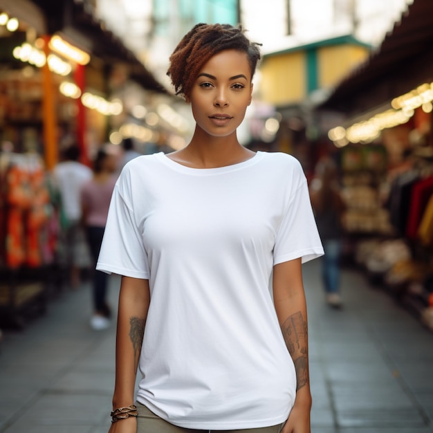 Mulheres vestindo uma camiseta branca grande ela está vestindo calções de fundo do mercado local