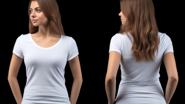Mulheres vestindo uma camiseta branca Maquete de vista frontal e traseira isolada em fundo preto