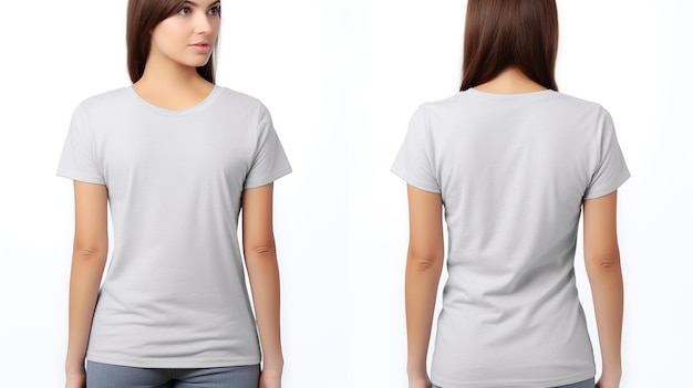 Mulheres vestindo uma camiseta cinzenta Modelo de vista dianteira e traseira isolado em fundo branco