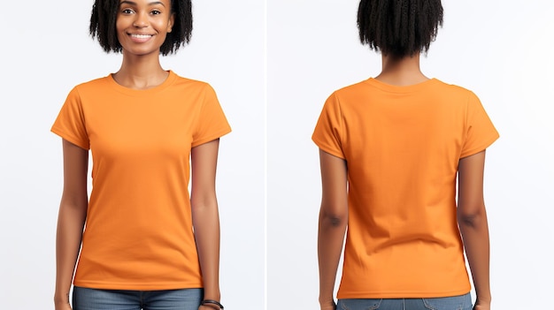 Mulheres vestindo uma camiseta laranja Modelo de vista dianteira e traseira isolado em fundo branco