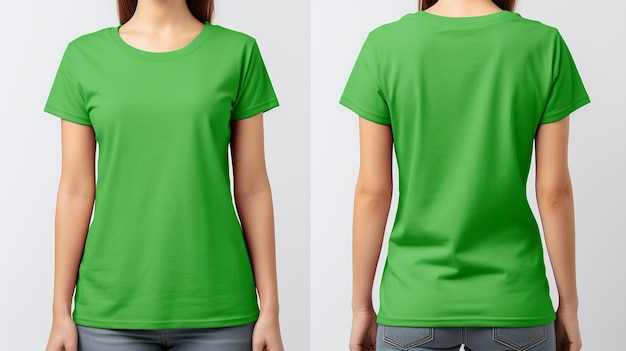 Mulheres vestindo uma camiseta verde Maquete de vista frontal e traseira isolada em branco