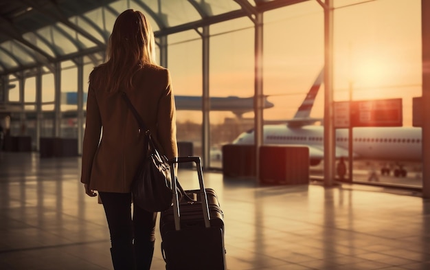 Mulheres viajantes no aeroporto com IA geradora de bagagem