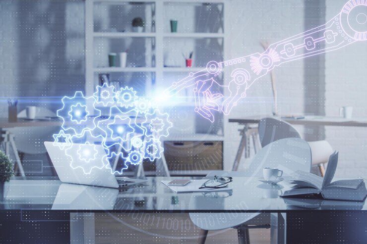 Foto multi exposição de desenho de tema de dados e fundo interior de escritório conceito de tecnologia
