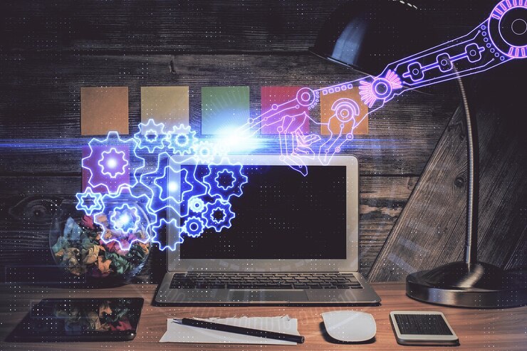 Foto multi exposição de desktop com computador em fundo e desenho de tema tecnológico conceito de big data