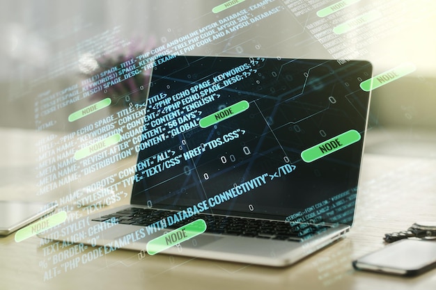Multi exposição de esboço de codificação criativa abstrata em inteligência artificial de fundo de laptop moderno e conceito de redes neurais