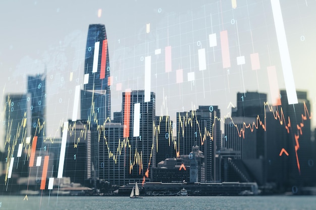 Multi exposição de holograma de gráfico financeiro abstrato virtual e mapa do mundo no cenário da cidade de São Francisco conceito financeiro e comercial