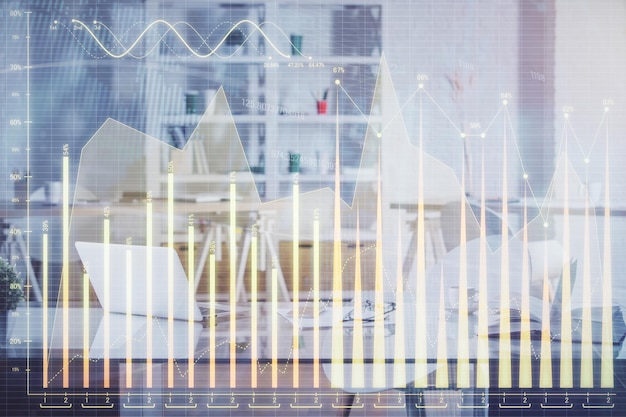 Multi exposição do desenho gráfico do mercado de ações e fundo interior do escritório Conceito de análise financeira