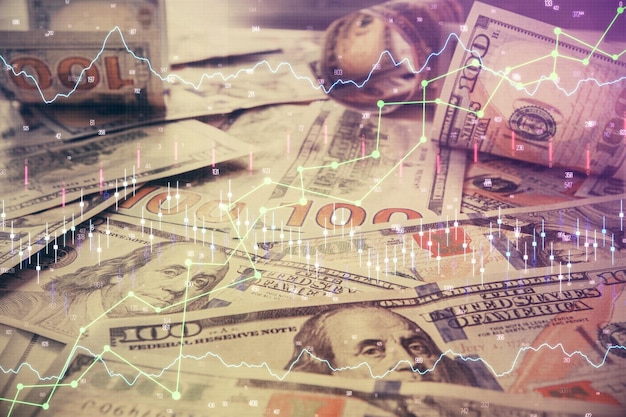 Multi exposição do gráfico forex desenhado sobre o fundo da conta de dólares americanos Conceito de mercados de sucesso financeiro