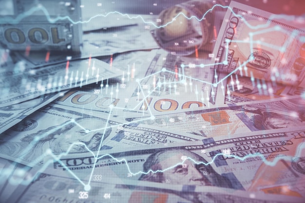 Multi exposição do gráfico forex desenhado sobre o fundo da conta de dólares americanos Conceito de mercados de sucesso financeiro