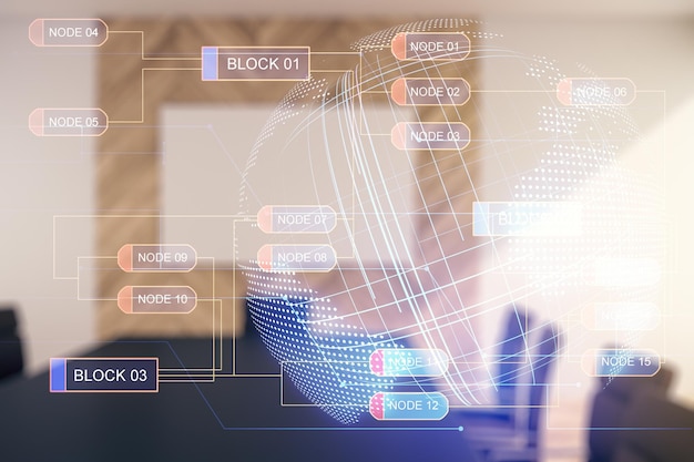 Foto multi-exposition eines abstrakten software-entwicklungs-hologramms und einer weltkarte auf einem modernen tagungsraum hintergrund globales forschungs- und analysekonzept