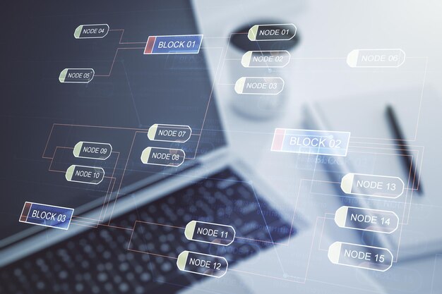 Multi-Exposition von abstrakten grafischen Kodierungsskizzen auf modernem Computer-Hintergrund Big Data und Netzwerkkonzept