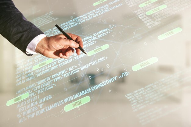 Multi-Exposition von Entwicklern, die mit einem Stift arbeiten und mit abstrakter kreativer Codierung arbeiten, Skizze über verschwommenen Büro-Hintergrund, künstliche Intelligenz und Konzept von neuronalen Netzwerken
