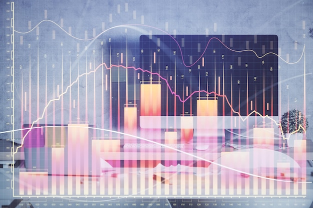 Multi-Exposition von Finanzdiagrammzeichnung und Bürointerieur-Hintergrund Konzept der Marktanalyse