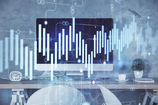 Multi-Exposition von Finanzdiagrammzeichnung und Bürointerieur-Hintergrund Konzept der Marktanalyse