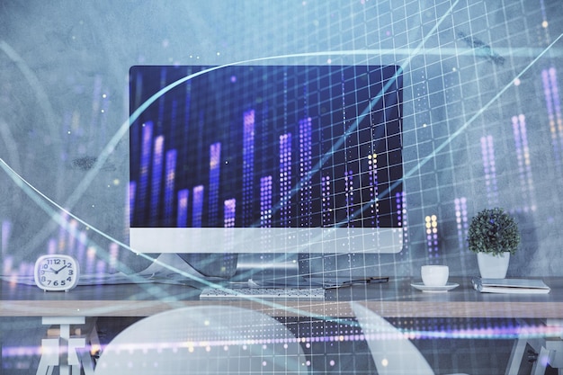 Multi-Exposition von Finanzgraphen Zeichnung und Bürointerieur Hintergrund Konzept der Marktanalyse