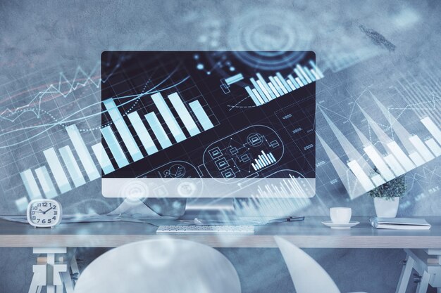 Multi-Exposition von Finanzgraphen Zeichnung und Bürointerieur Hintergrund Konzept der Marktanalyse
