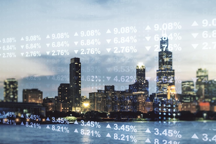 Foto multi-exposition von statistik-daten-illustration auf dem chicago-stadt-skyline-hintergrund-computing- und analytics-konzept