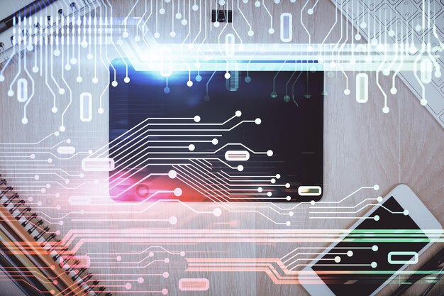Multi-Exposition von Technologie-Thema Zeichnung über Arbeitsboden Desktop Top-Ansicht Globales Datenanalyse-Konzept