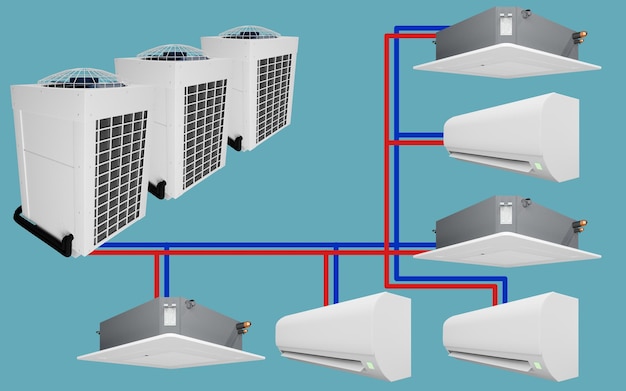 multi sistema várias unidades externas e várias unidades de ar condicionado interno 3d