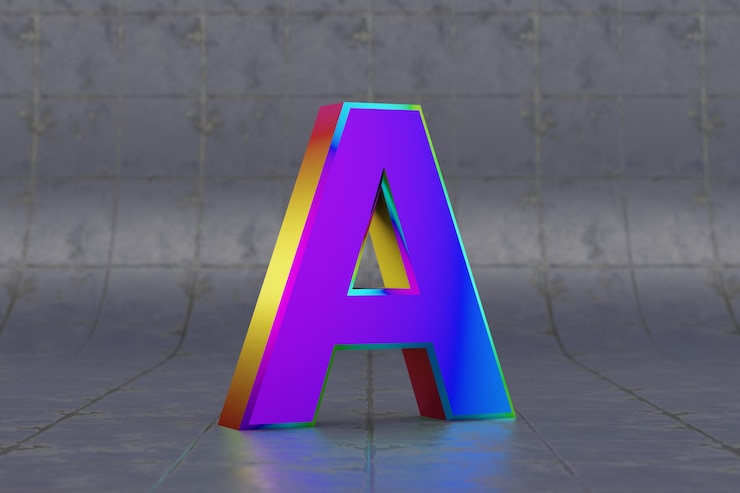 Foto multicolor 3d letra a mayúscula. letra iridiscente brillante sobre fondo de mosaico. alfabeto metálico con reflejos de luz de estudio. carácter de fuente renderizado 3d.