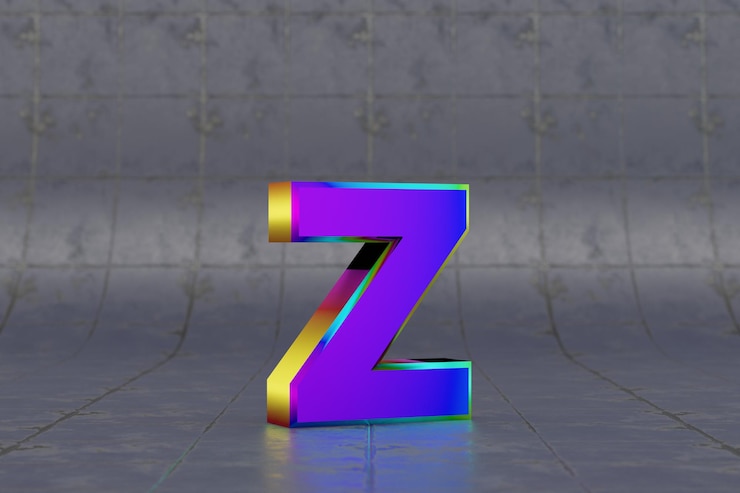 Foto multicolor 3d letra z minúscula. letra iridiscente brillante sobre fondo de mosaico. alfabeto metálico con reflejos de luz de estudio. carácter de fuente renderizado 3d.
