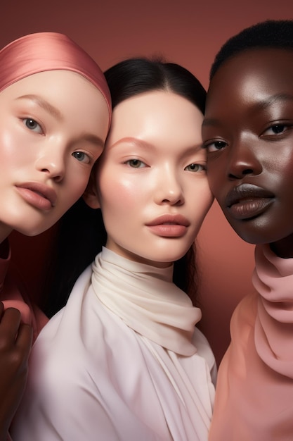 Multiculturais mulheres de diferentes raças, religiões e cores de pele posam com maquiagem Mulheres jovens abraçam amizade