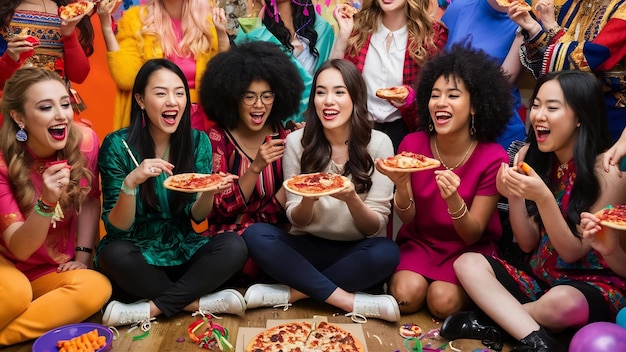 Foto multiculturales mujeres jóvenes con estilo en vestidos divirtiéndose en una fiesta con amigas sentadas en el suelo comiendo