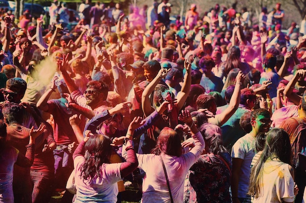 Foto multidão a desfrutar durante o holi