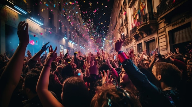 Multidão acenando as mãos para celebrar o feliz ano novo