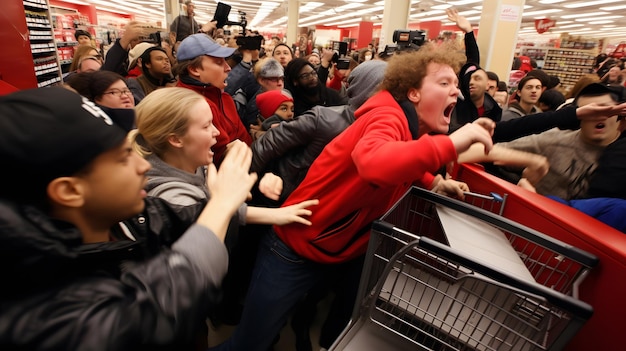 Foto multidão causa caos em uma loja durante a sexta-feira negra