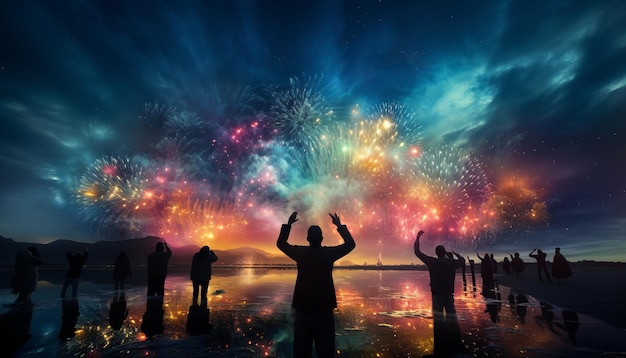 Foto multidão celebrando o feriado ao ar livre com fogos de artifício coloridos iluminando o céu noturno