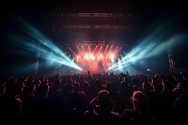 Foto multidão de concertos na frente de luzes de palco brilhantes com raios de luz