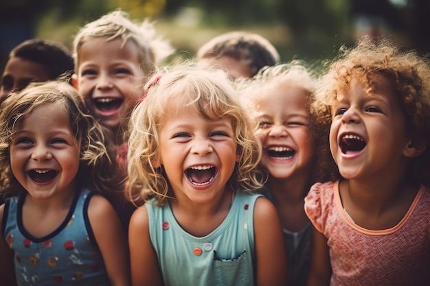 Multidão de crianças rindo em um dia de verão é emocionante e representa a pura alegria e o espírito despreocupado da infância IA generativa