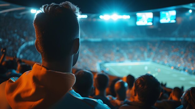 Multidão de fãs assistindo a um jogo de futebol noturno