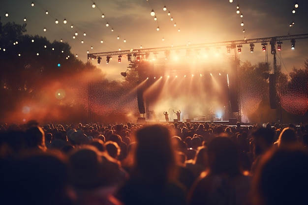 Multidão de festival de música ao ar livre em frente ao palco